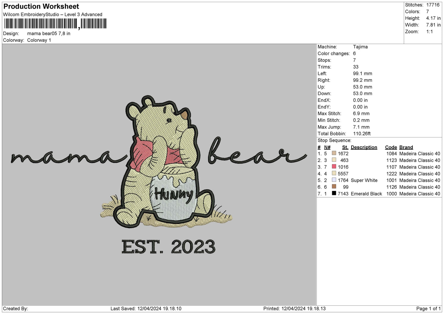 Bear1204 Embroidery File 6 sizes