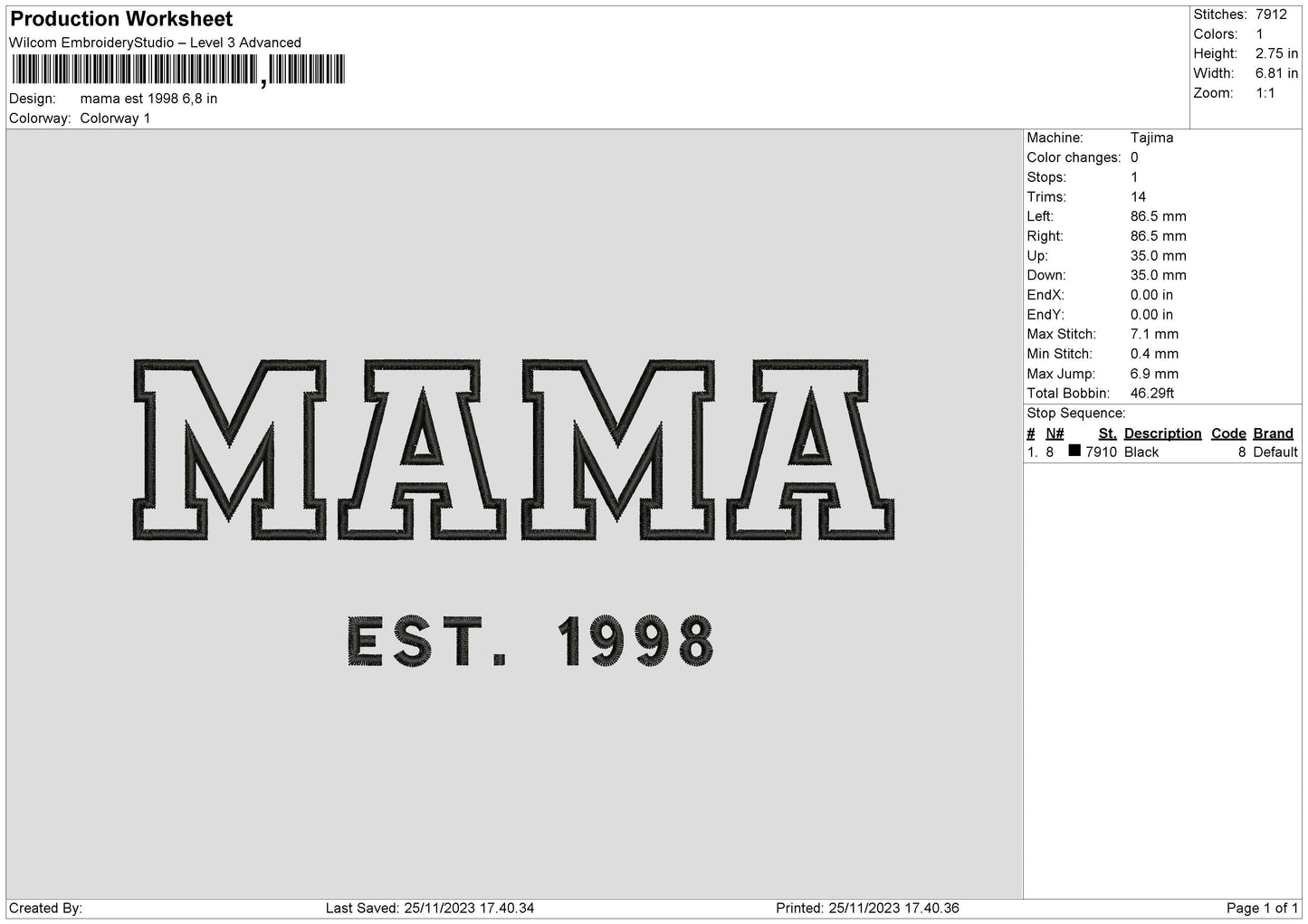 Mama Text 98 Embroidery File 6 sizes