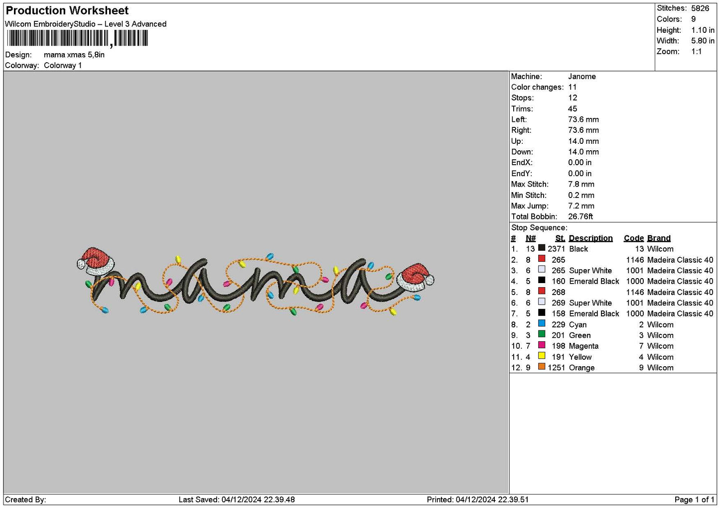 Mama Xmas 0412 Embroidery File 6 sizes