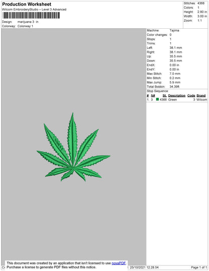 Marijuana Embroidery File 4 size