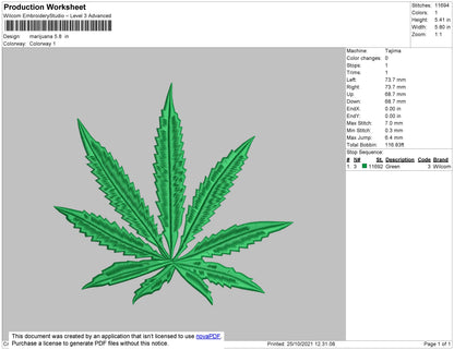 Marijuana Embroidery File 4 size
