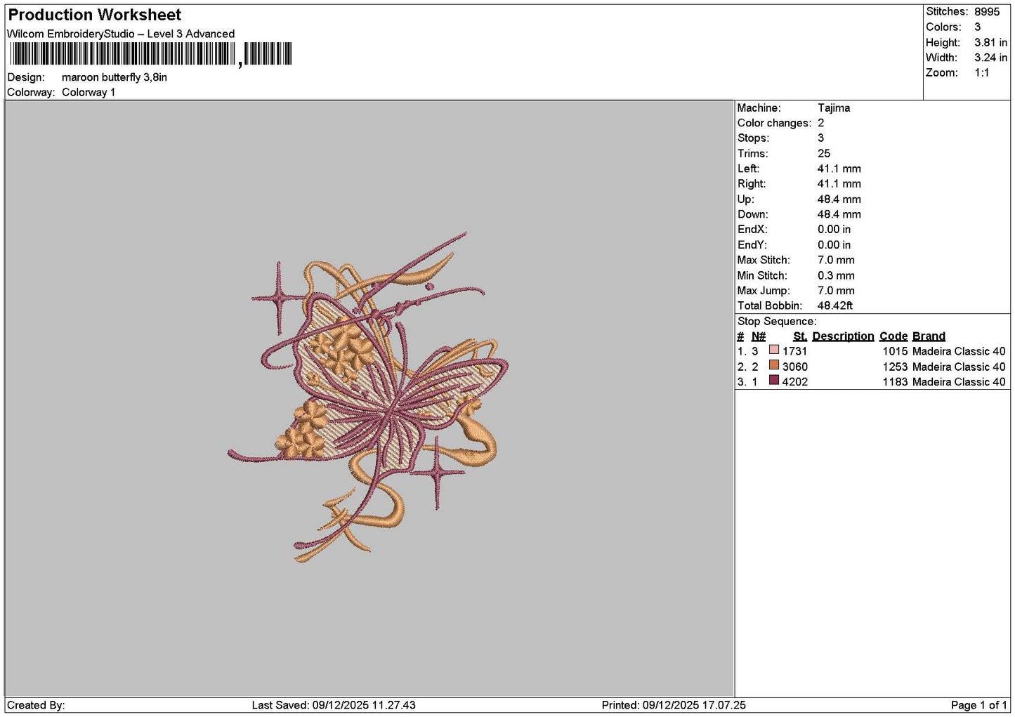 Maroon Butterfly Embroidery File 6 sizes