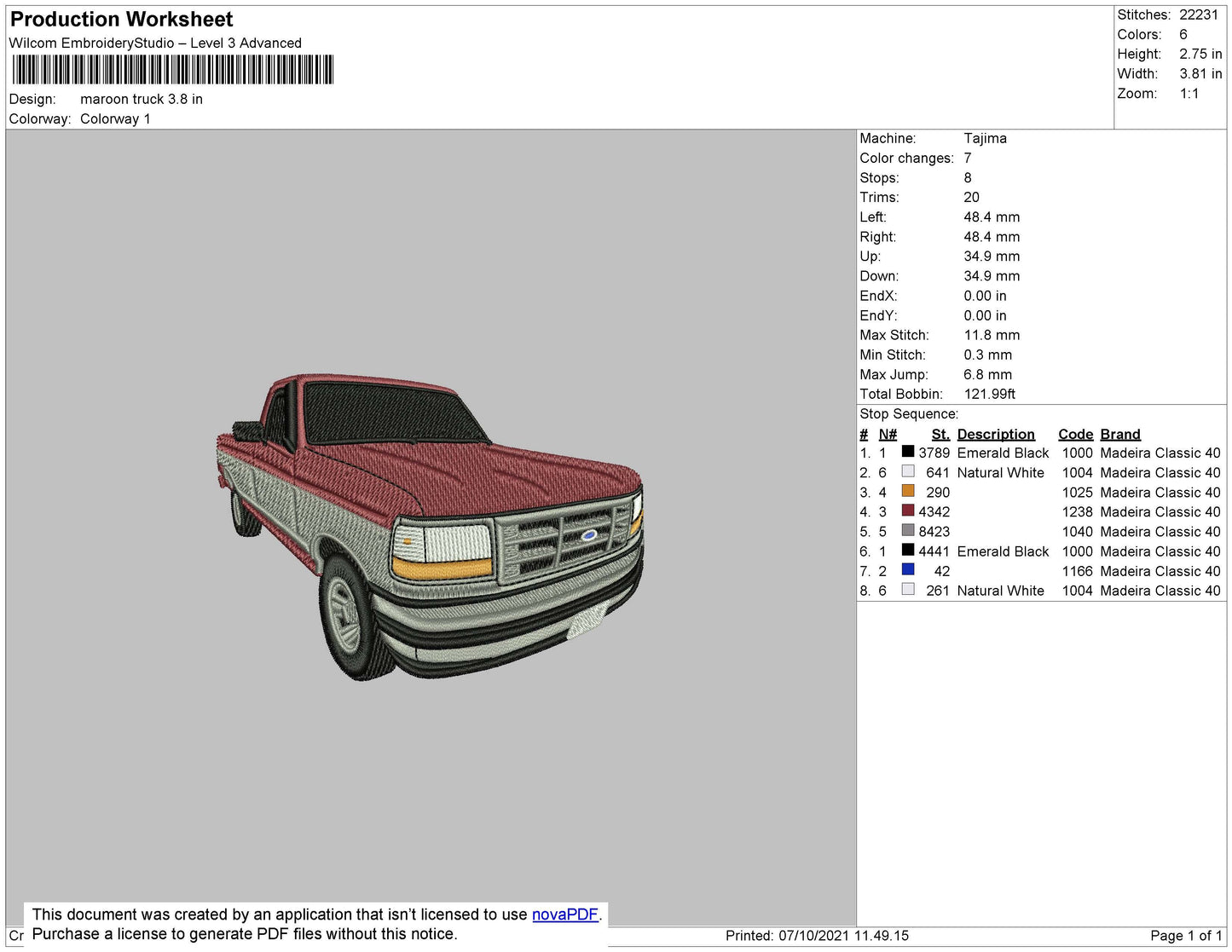 Maroon Truck Embroidery File 4 size