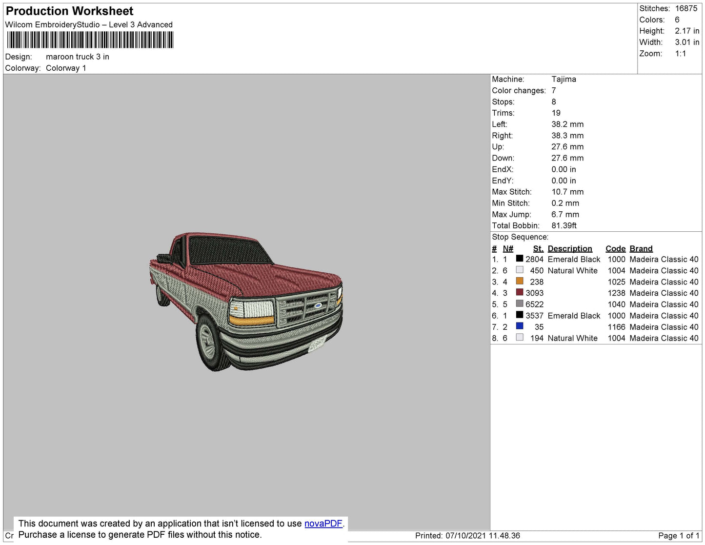 Maroon Truck Embroidery File 4 size