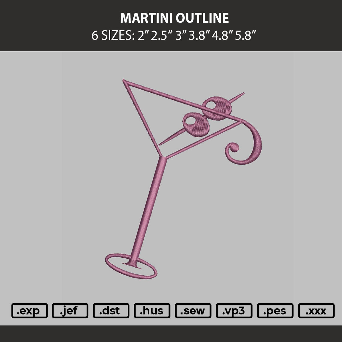 Martini Outline Embroidery Machine Design File 6 sizes