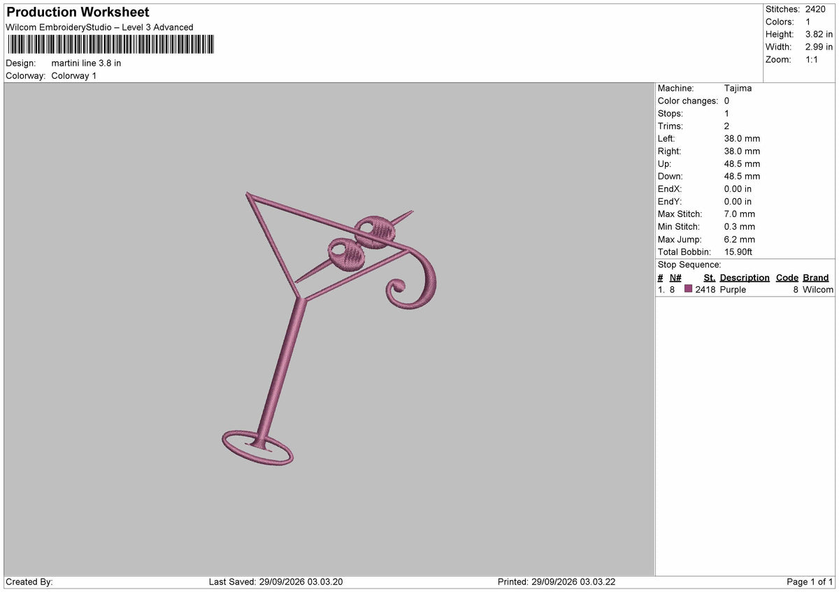 Martini Outline Embroidery Machine Design File 6 sizes
