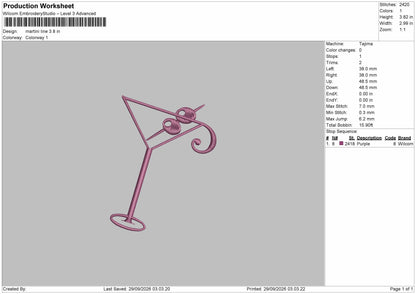 Martini Outline Embroidery Machine Design File 6 sizes
