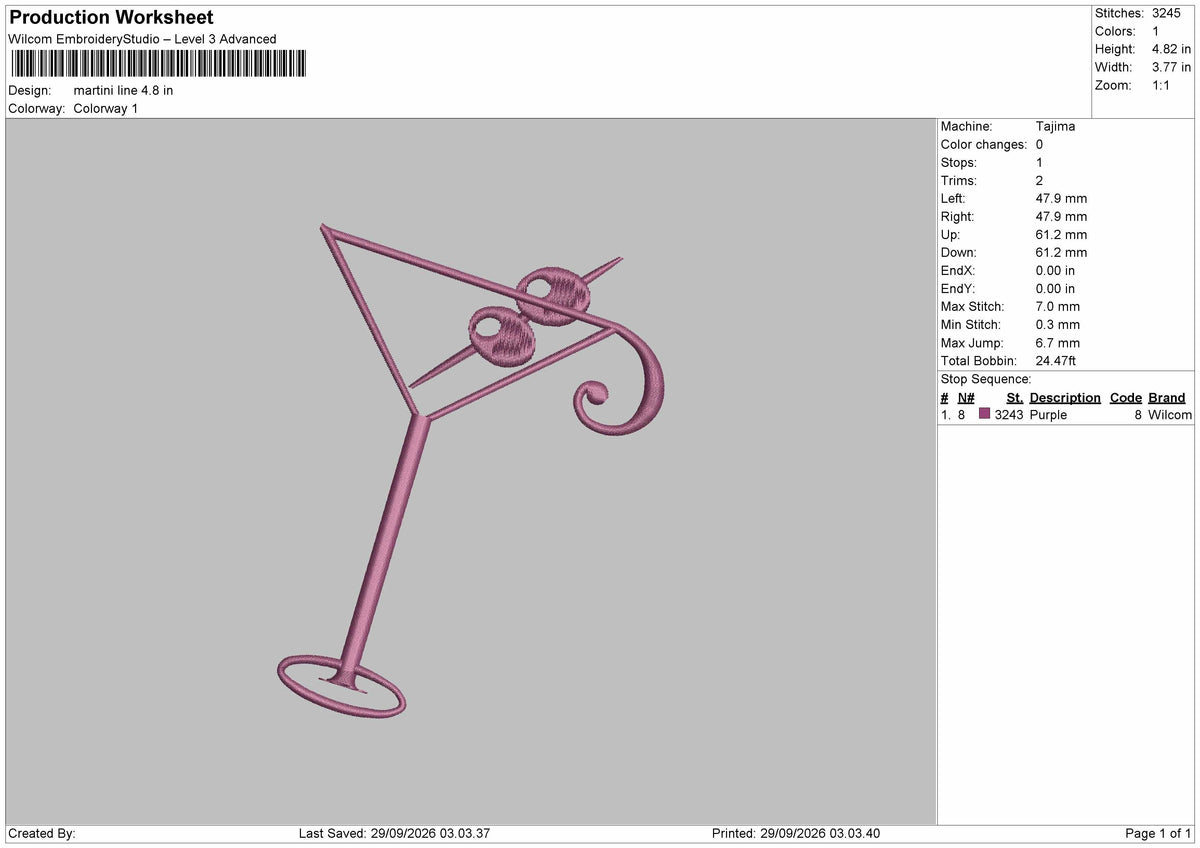 Martini Outline Embroidery Machine Design File 6 sizes