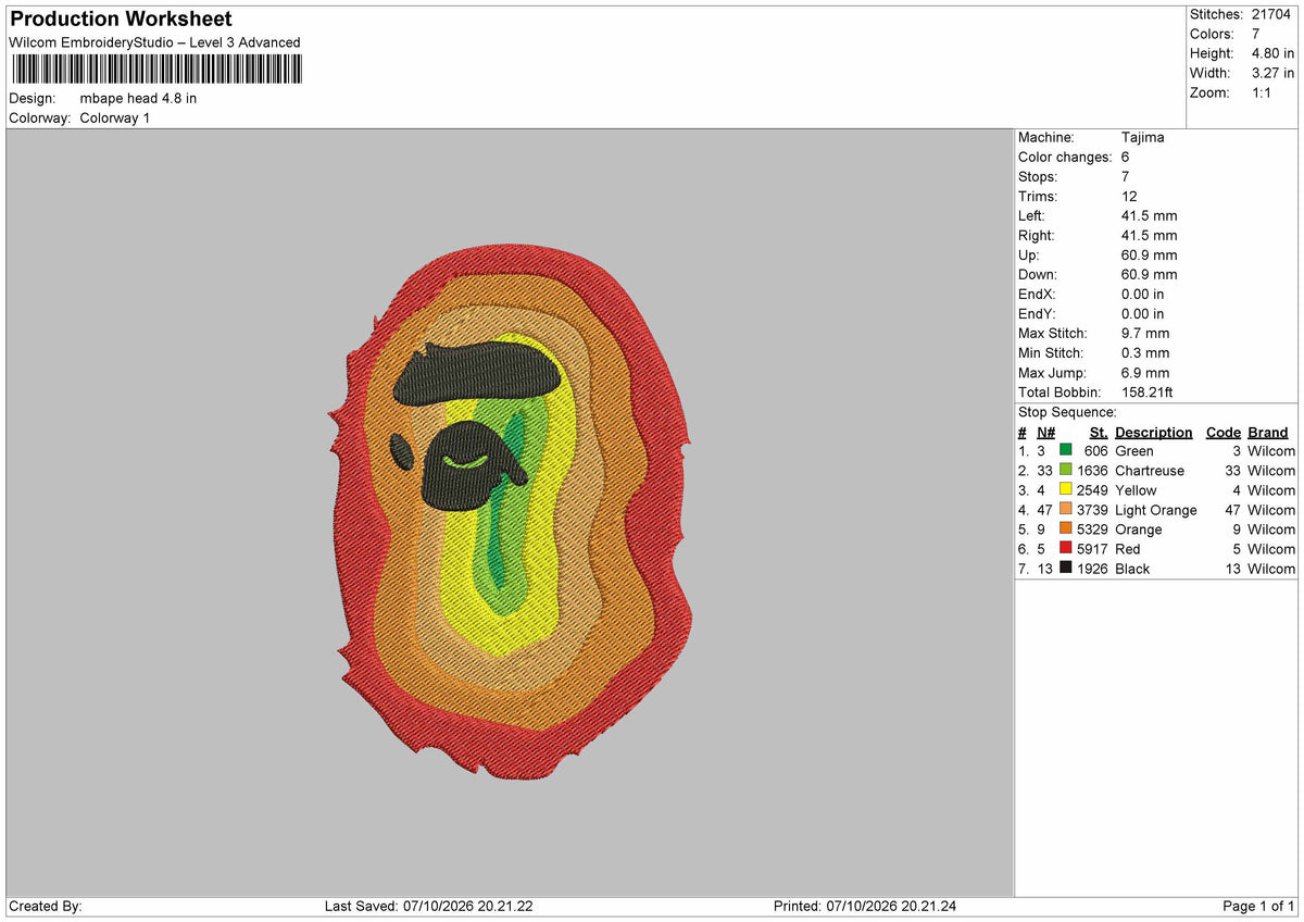 Head Orange Embroidery Machine Design File 6 sizes
