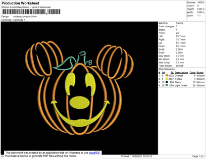 Mickey Pumpkin Embroidery File 4 size