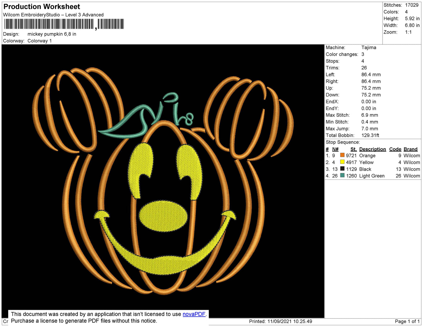 Mickey Pumpkin Embroidery File 4 size