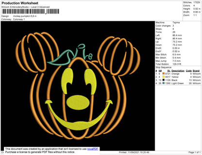 Mickey Pumpkin Embroidery File 4 size