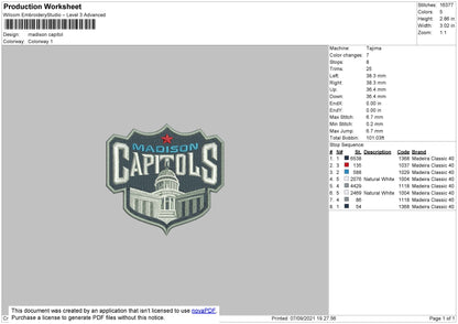 Madison Capitols Embroidery File 4 size