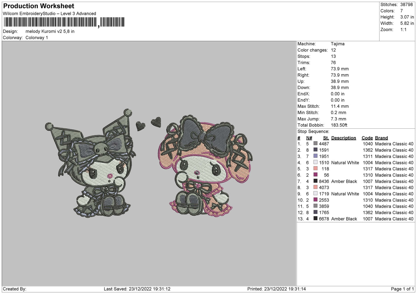 Melokuro V2 Embroidery File 6 sizes