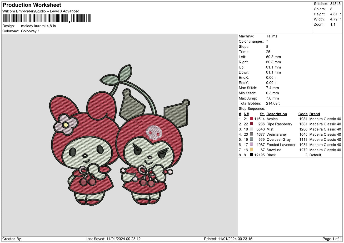 Melokuro 1101 Embroidery File 6 sizes