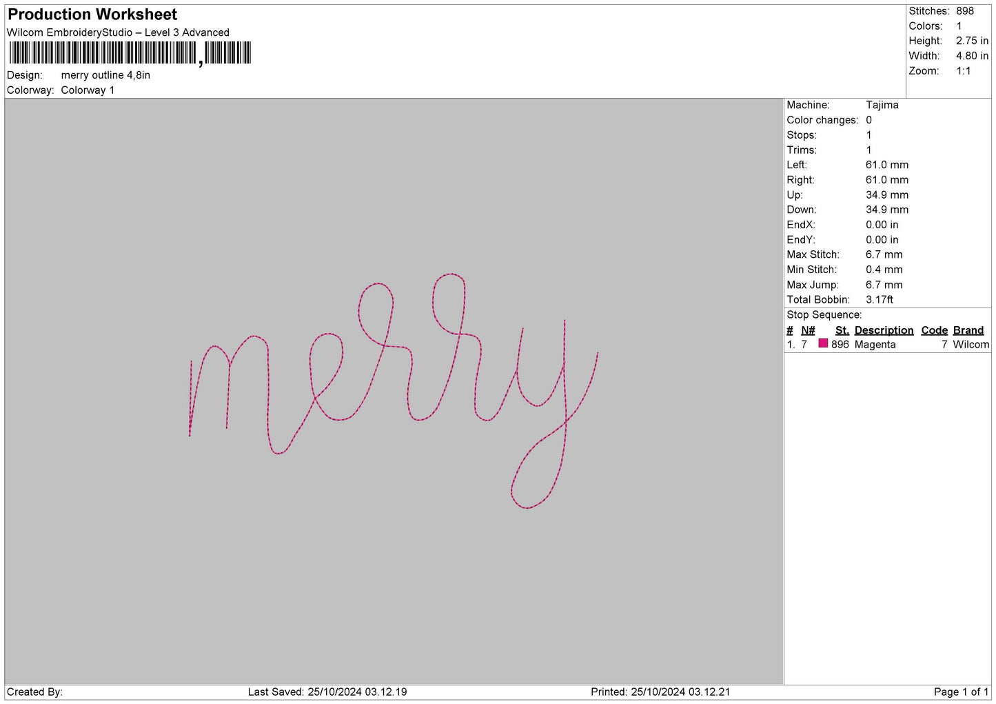 Merry Outline Embroidery File 6 sizes