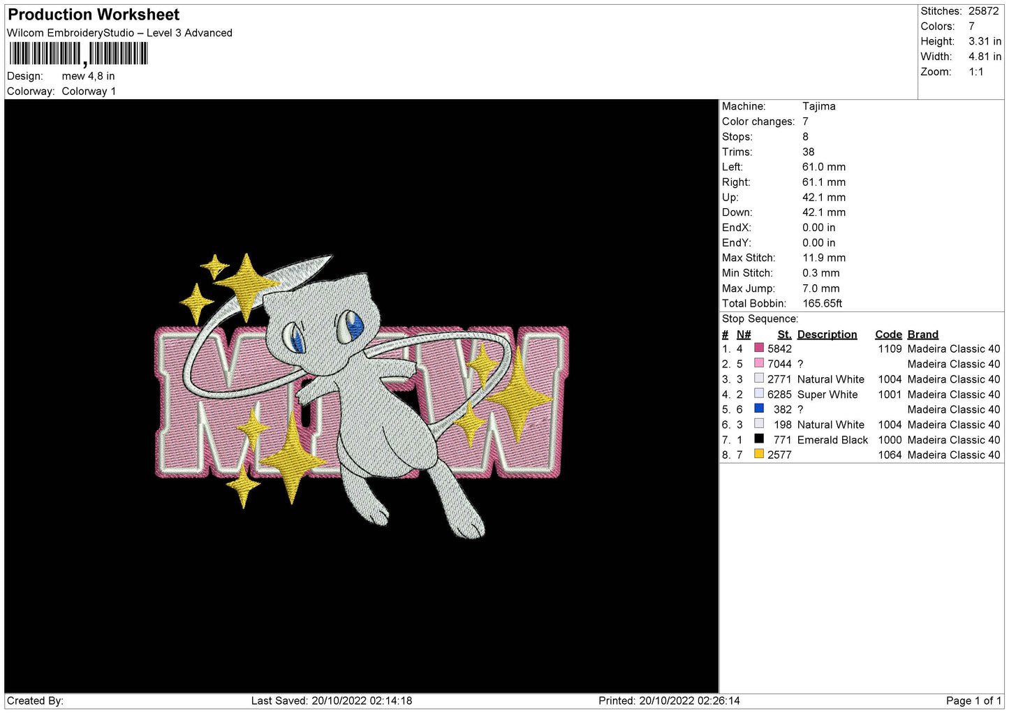 Mew Embroidery File 6 sizes