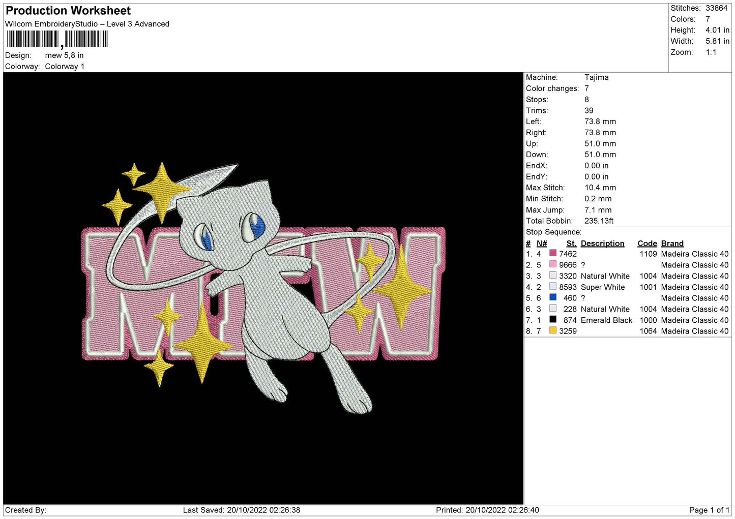 Mew Embroidery File 6 sizes