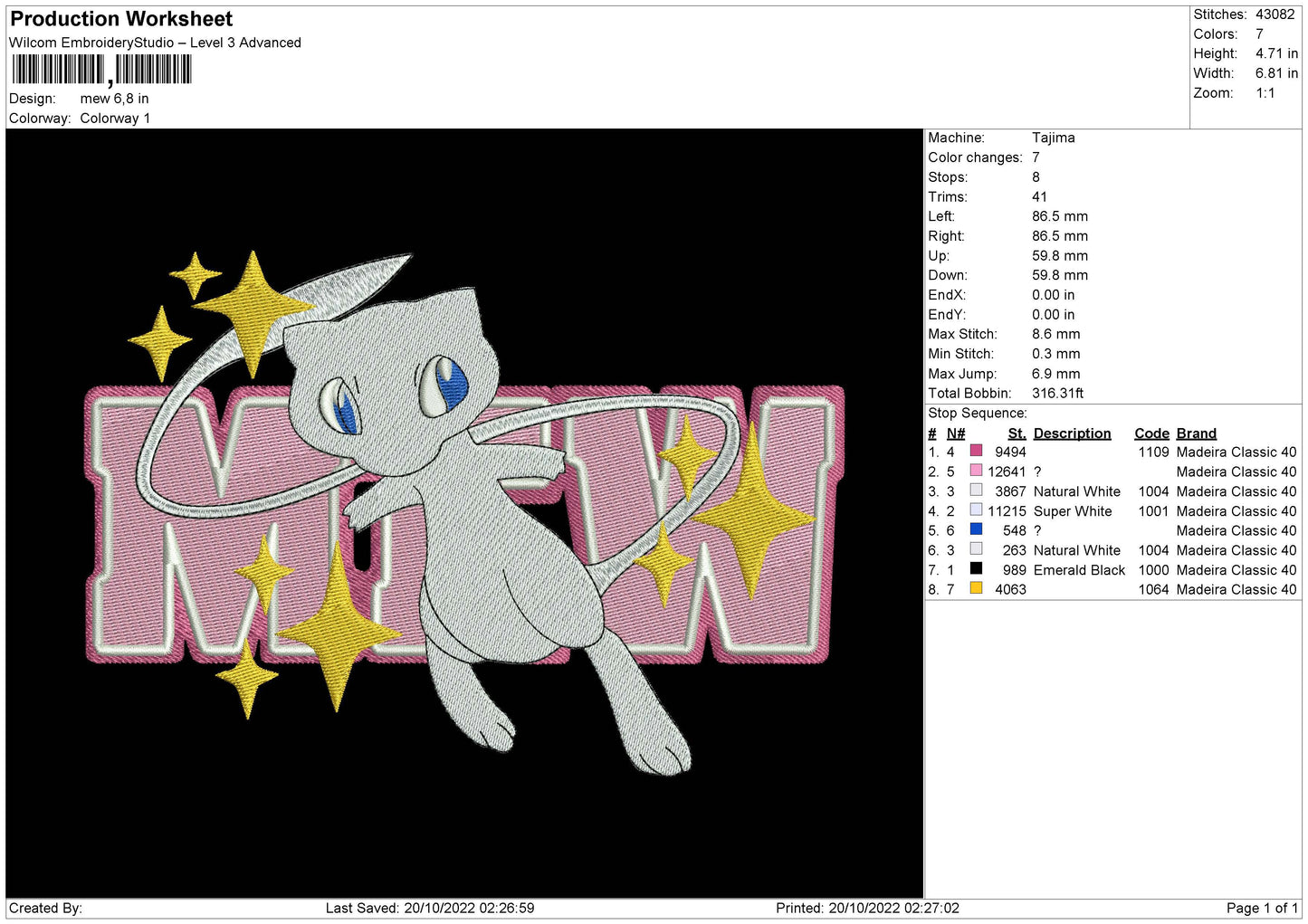 Mew Embroidery File 6 sizes