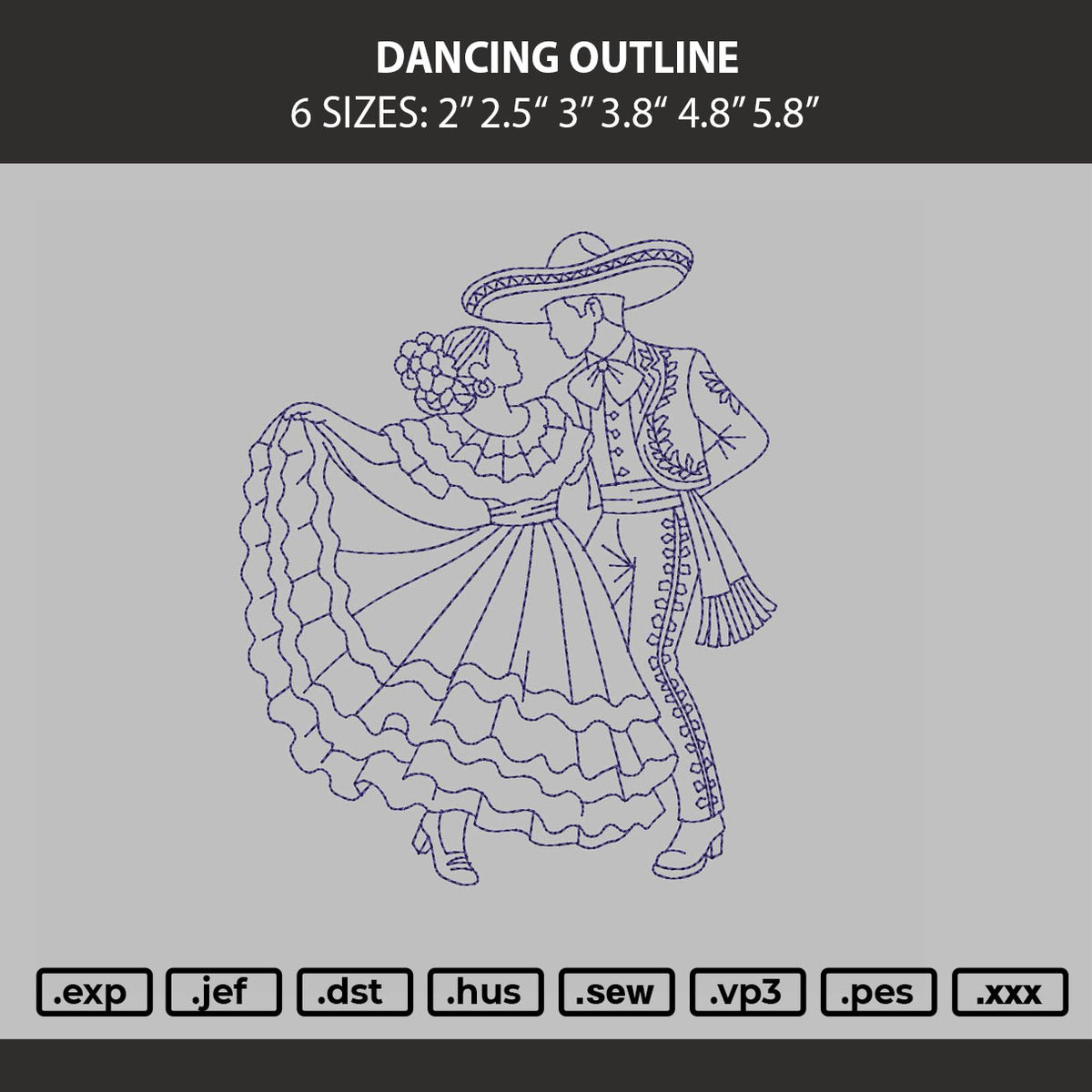 Dancing Outline Embroidery Machine Design File 6 sizes