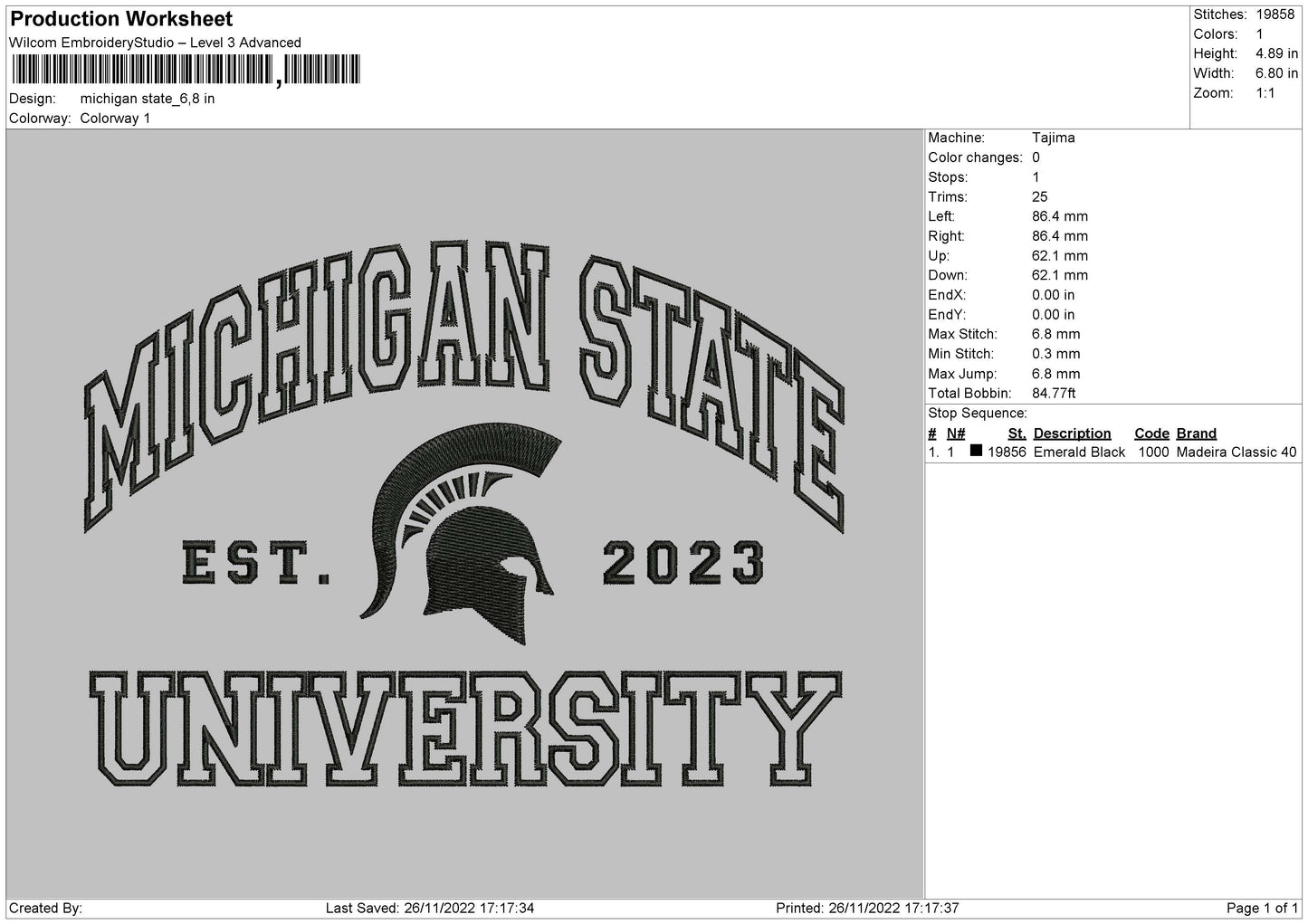 Michigan State Embroidery File 6 sizes