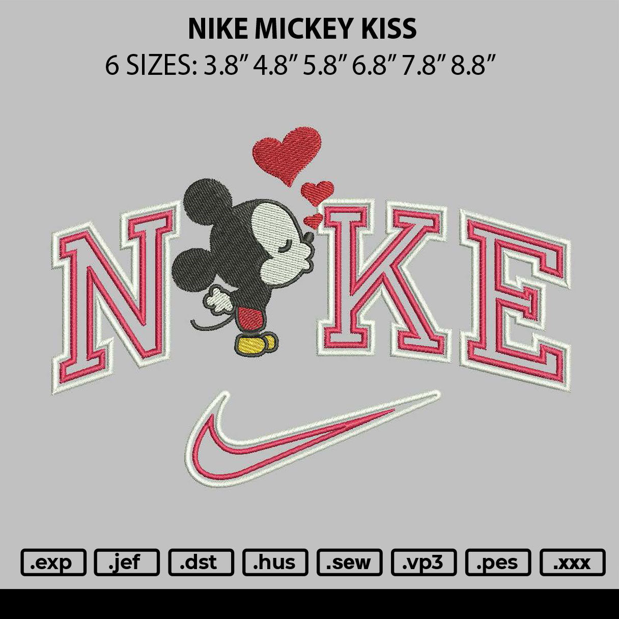 Nike Mickey Kiss Embroidery File 6 sizes