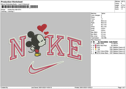 Nike Mickey Kiss Embroidery File 6 sizes