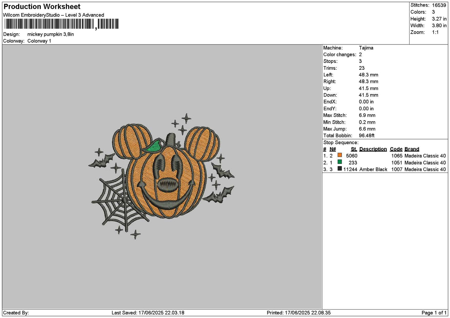 Mickeypumpkin 1706 Embroidery File 6 sizes