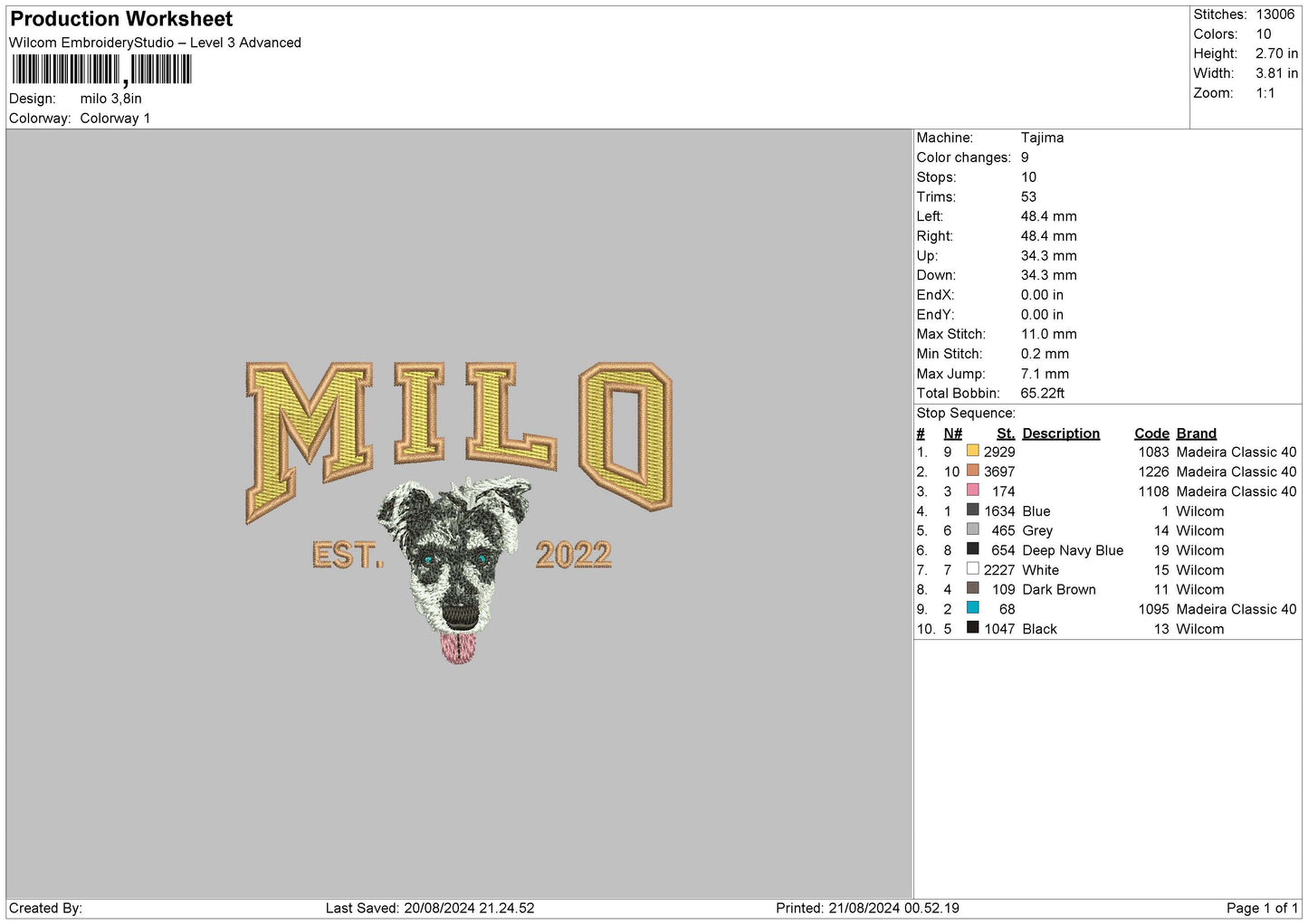 Milo Dog Embroidery File 6 sizes