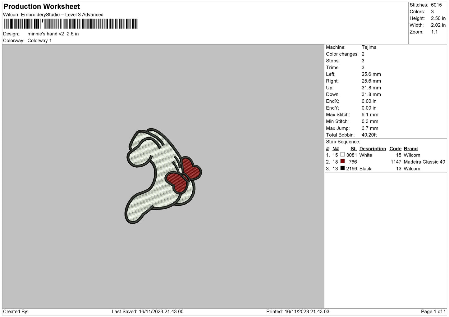 Minnies Hand V2 Embroidery File 6 sizes