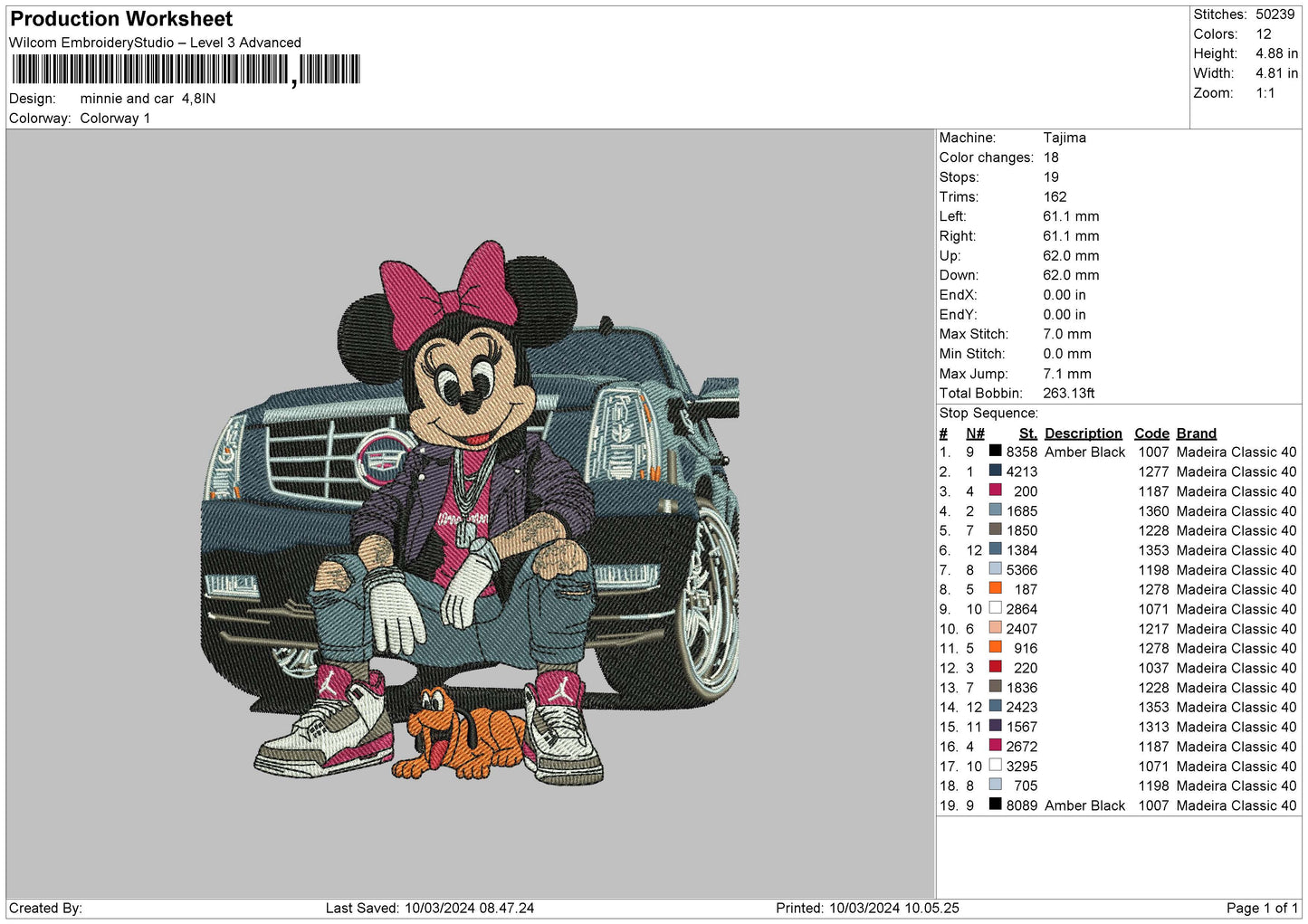 Minnie Car Embroidery File 6 sizes