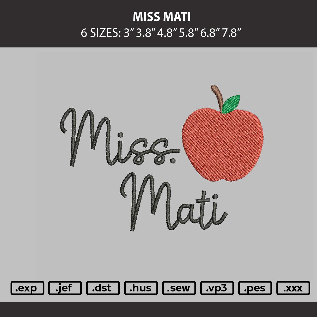 Miss Mati Text Embroidery Machine Design File 6 sizes