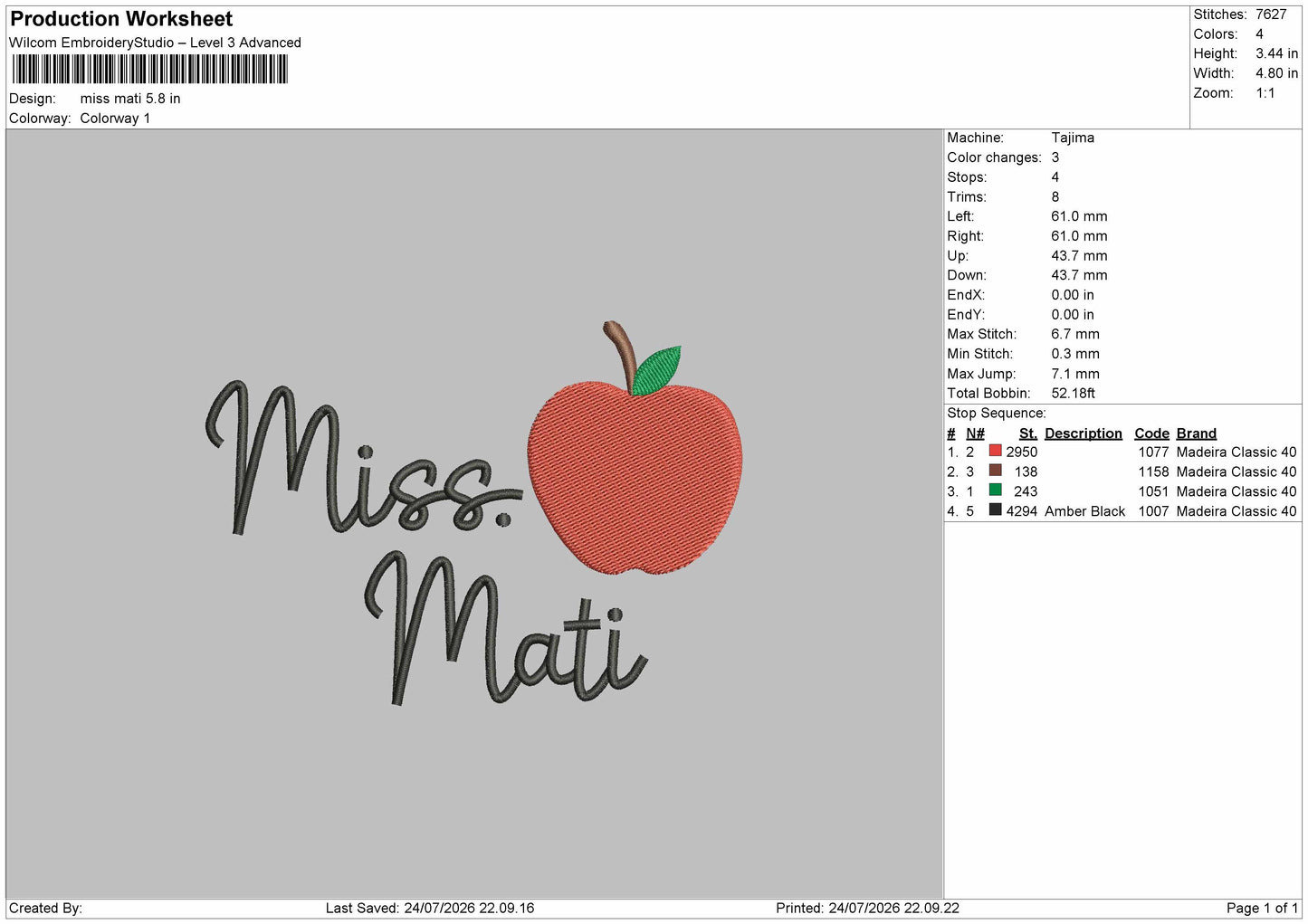 Miss Mati Text Embroidery Machine Design File 6 sizes