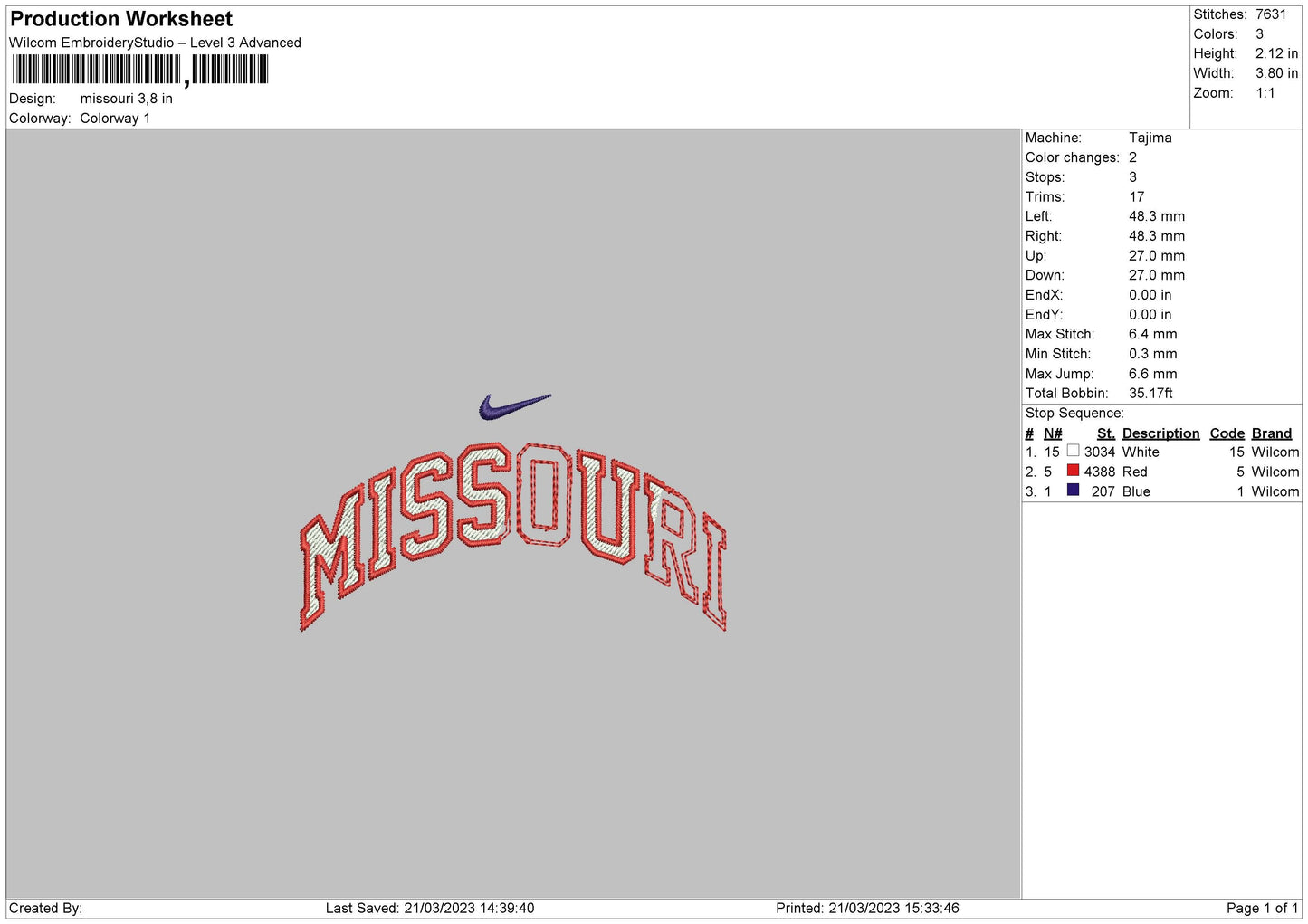 Missouri Swoosh Embroidery File 6 sizes