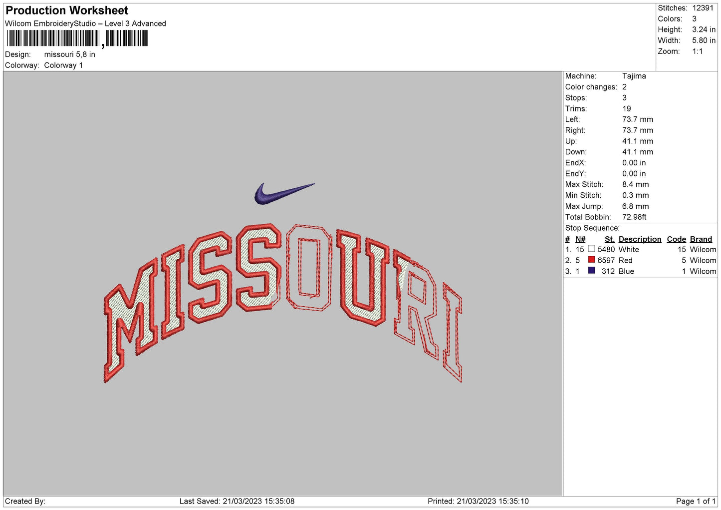 Missouri Swoosh Embroidery File 6 sizes