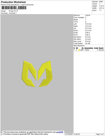 M Logo Digital Embroidery Design, 4 Sizes