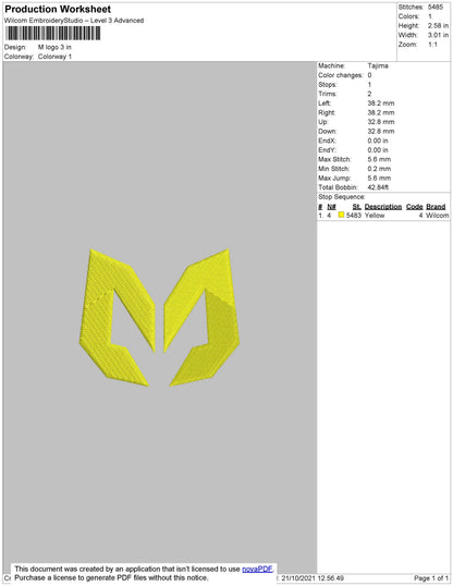 M Logo Digital Embroidery Design, 4 Sizes