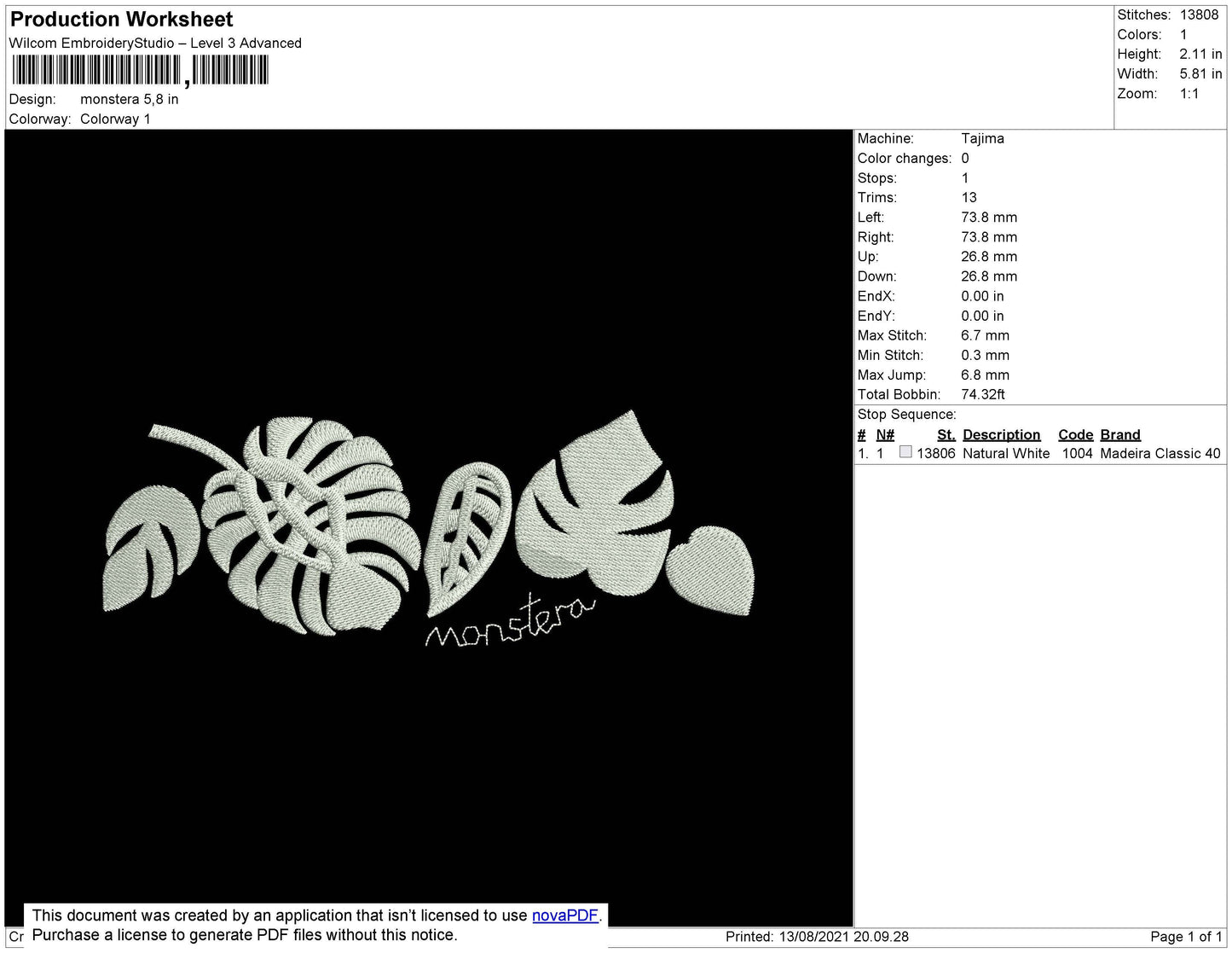 Monstera Embroidery File 4 size