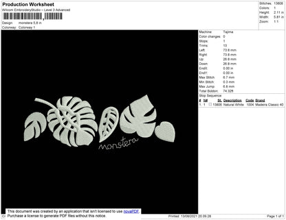 Monstera Embroidery File 4 size