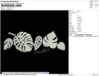 Monstera Embroidery File 4 size