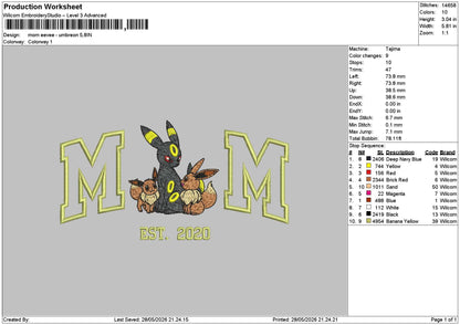 Mom Eevee Embroidery Machine Design File 6 Sizes