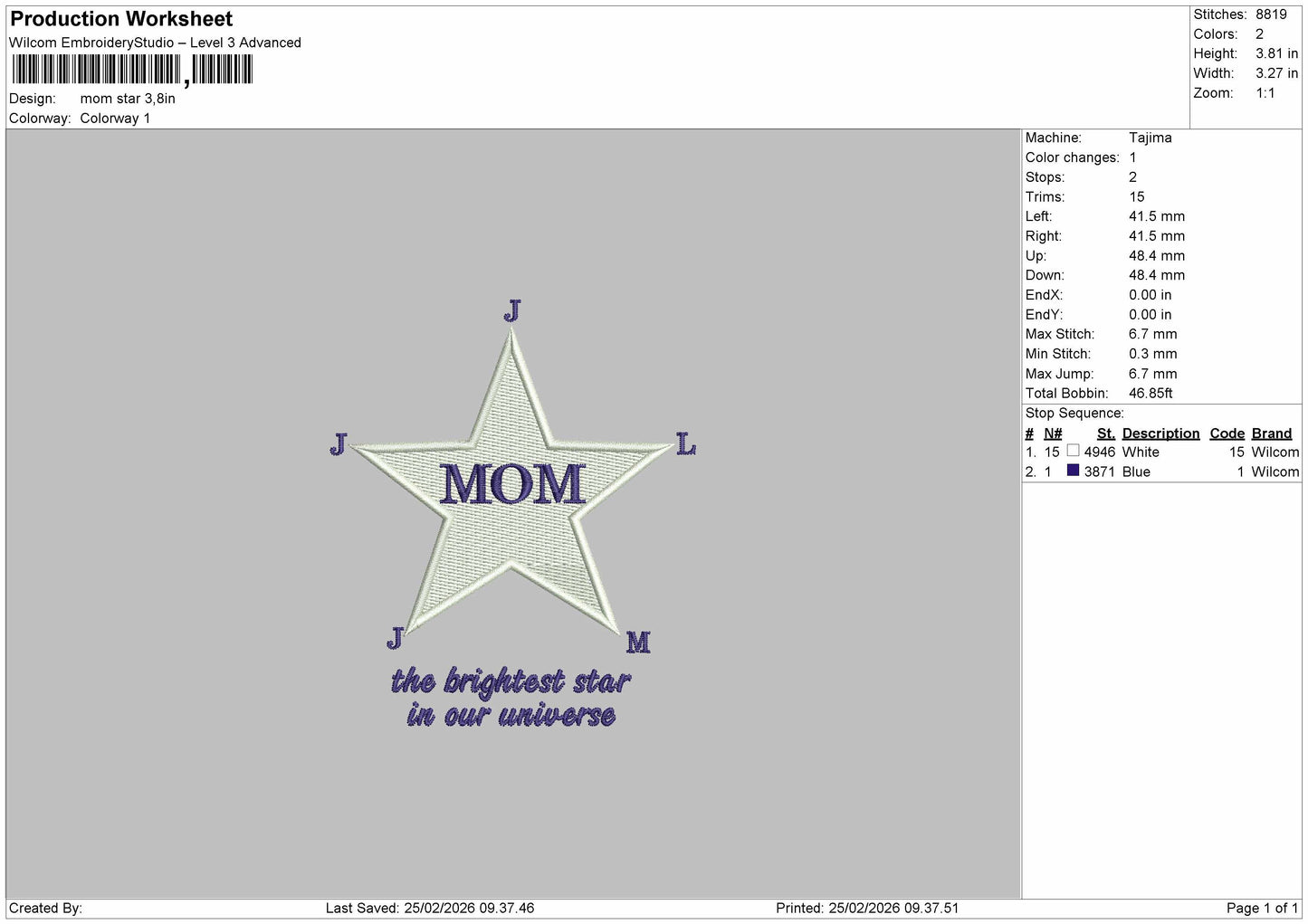 MOM STAR Embroidery File 6 sizes