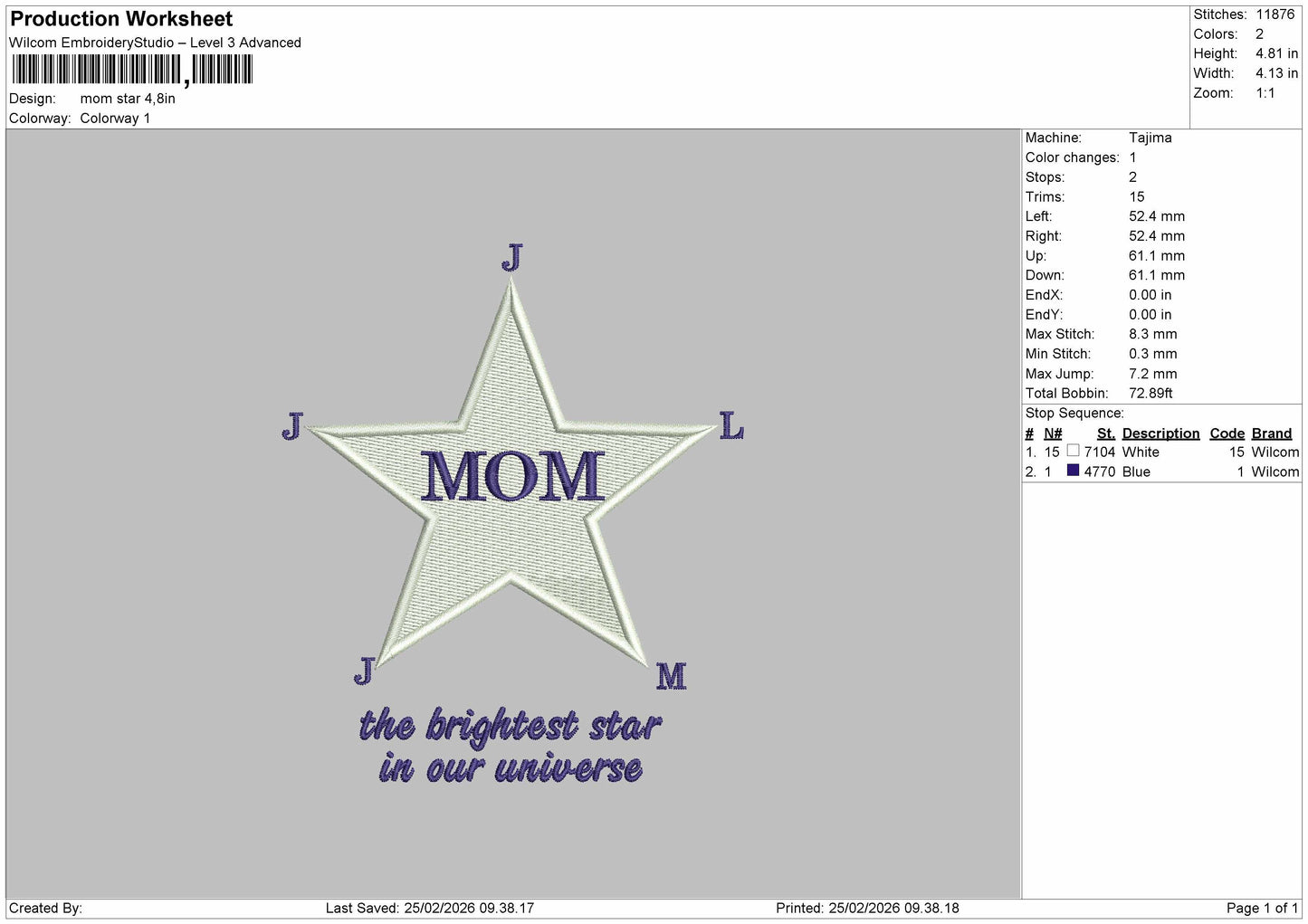 MOM STAR Embroidery File 6 sizes