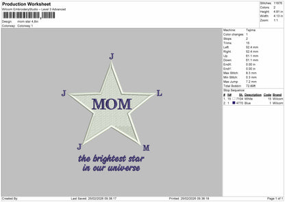 MOM STAR Embroidery File 6 sizes