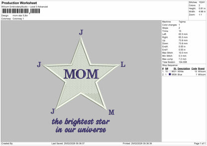 MOM STAR Embroidery File 6 sizes