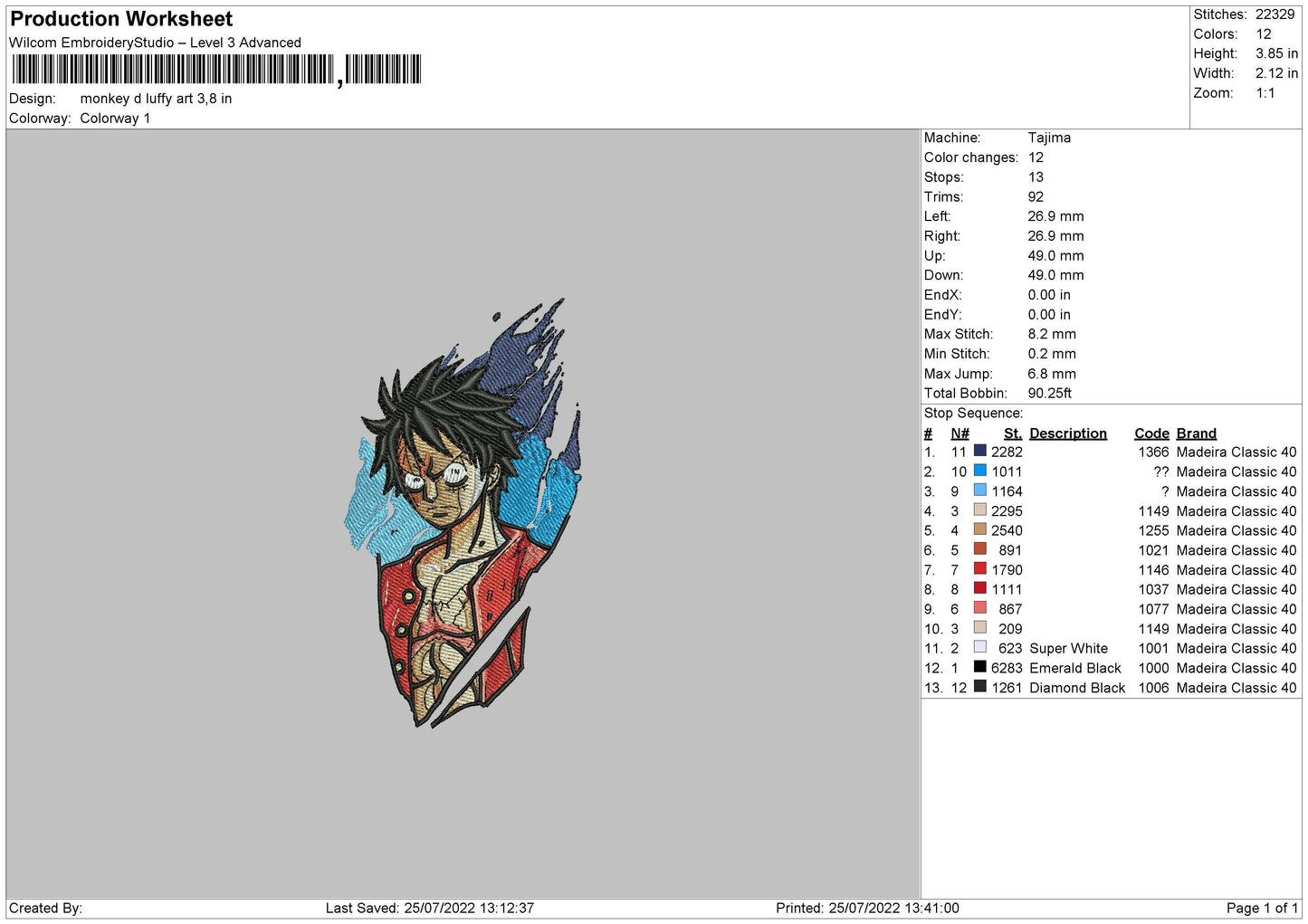 Monkey D Luffy Art Embroidery File 4 sizes