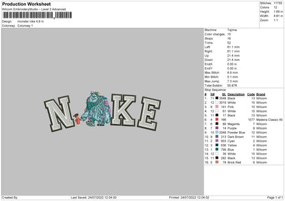 Monster Nike Embroidery File 4 sizes