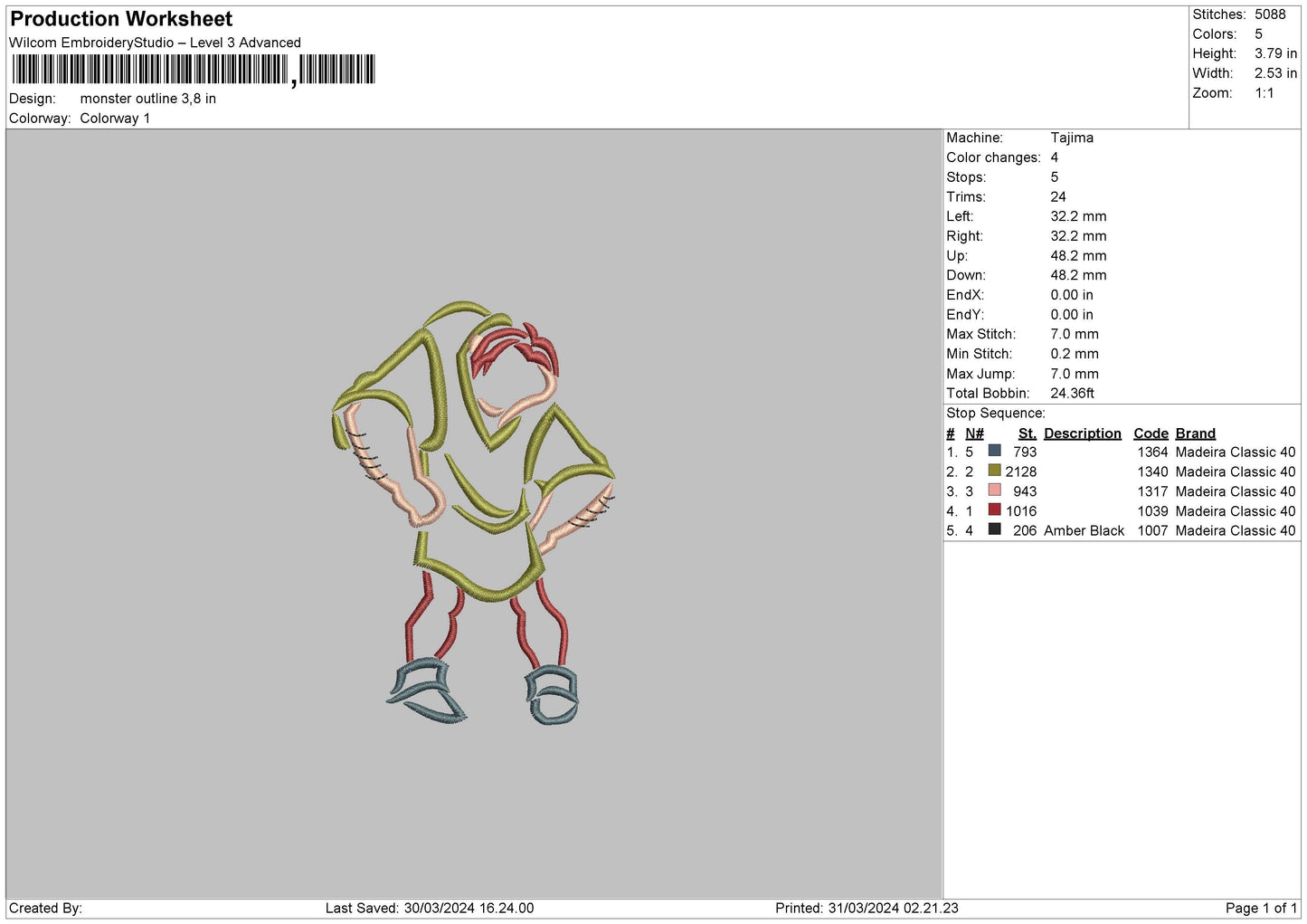 Monster Outline Embroidery File 6 sizes