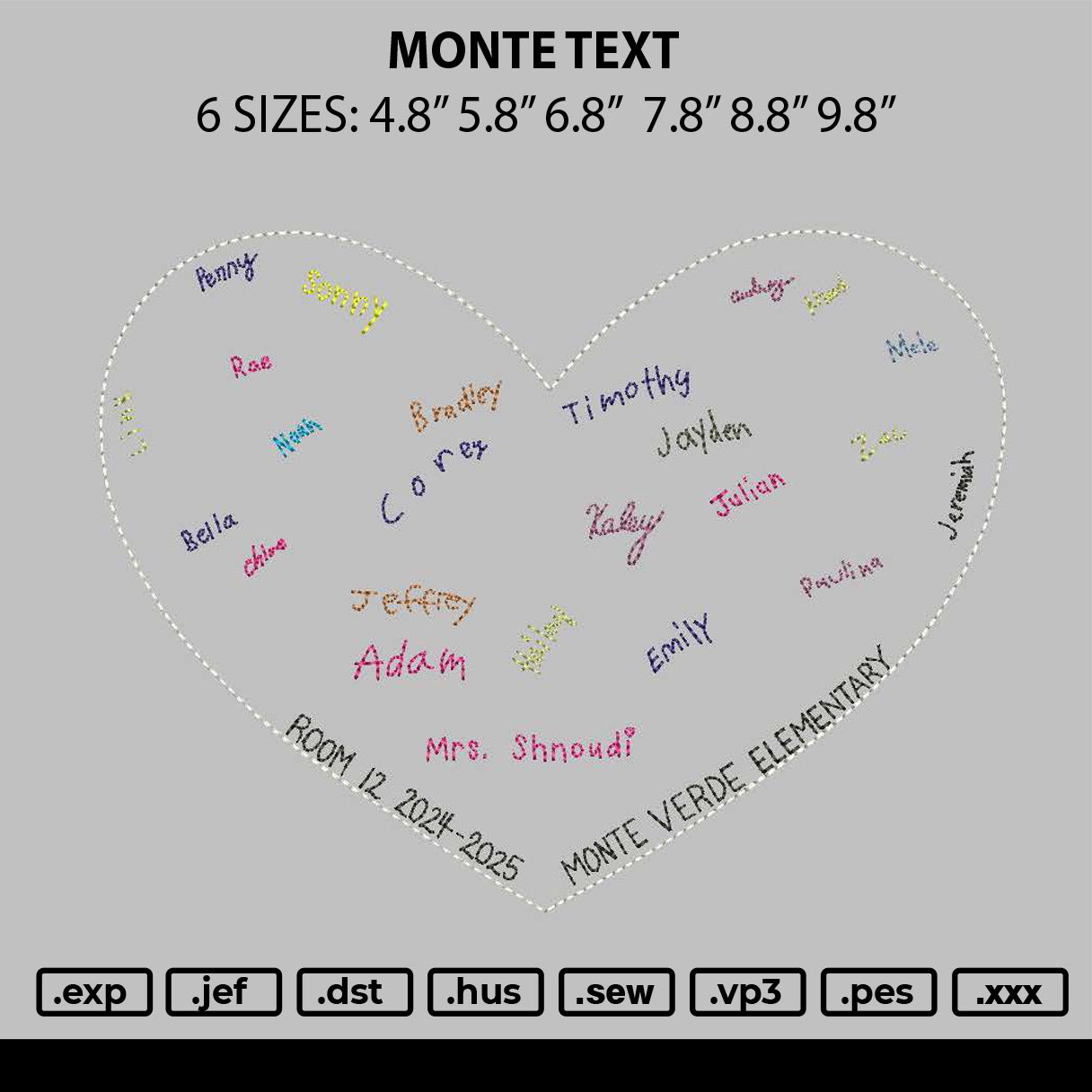 Monte Text Embroidery File 6 sizes