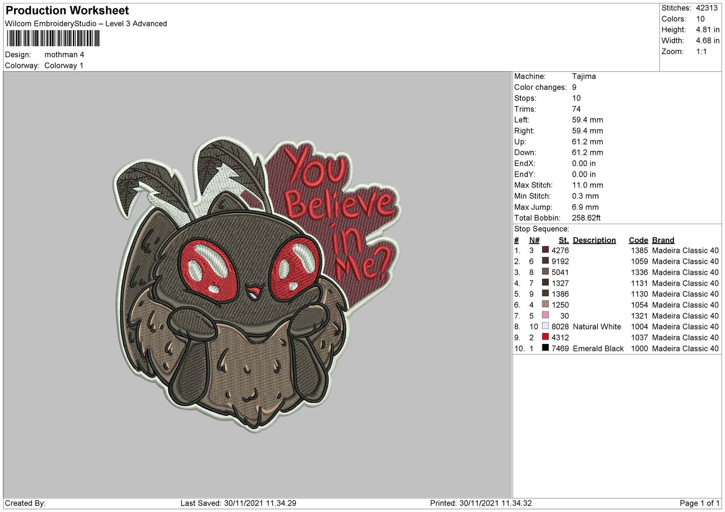 Mothman Embroidery File 4 size